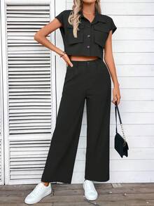 SHEIN LUNE Bộ 2 áo sơ mi caro màu trơn thường ngày có túi và quần caro cho nữ, mùa hè - màu đen - Xem 5