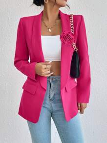 Calvaya Women's Spring/Autumn Solid Color Lapel Collar Long Sleeve Jacket With 3D Floral Brooch Decor