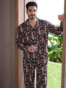 Manfinity ChillVibe 2pcs Men's Lapel Neck All-Over Print Long Sleeve Top And Pants Loungewear Set - Multicolor - View 4