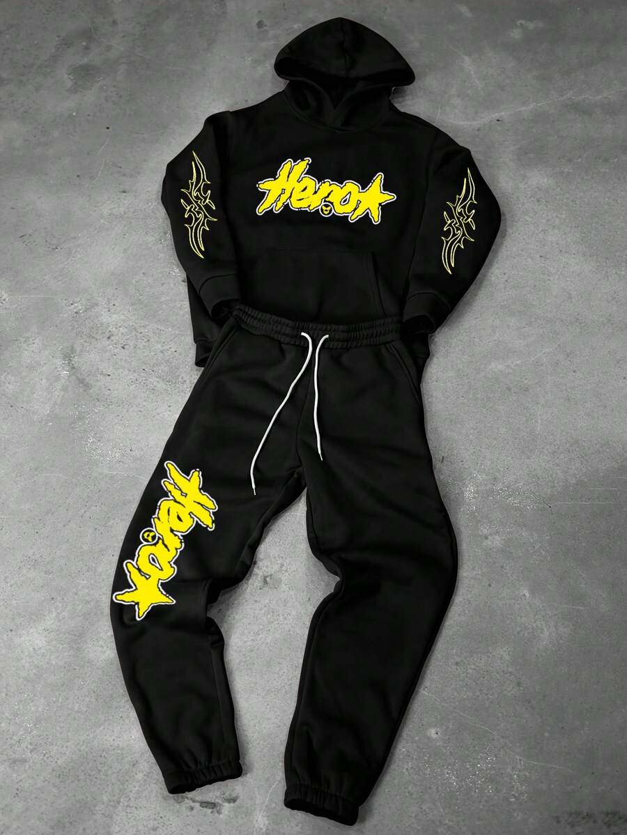 Manfinity EMRG Men's Letter Print Hoodies Sweatshirt And Front Tie Sweatpants 2pcs Set, Men Sweatsuit, Men Streetwear Sets, Men Co Ords - Black - View 1