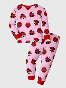 SHEIN Leap Crew 年轻女孩瓢虫卡通印花休闲柔软舒适修身长袖长裤睡衣套装，厚羊毛绒，适合秋冬季