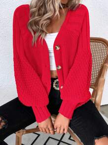 EMERY ROSE Áo len cardigan dáng rộng đơn hàng khuy đơn tay đèn lồng màu trơn cho nữ, trang phục thu đông năm mới - Đỏ - Xem 3