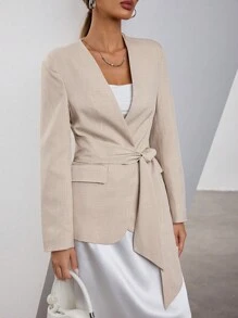 Aveloria Modichic Chaqueta tipo blazer de estilo francés para dama, sin cuello, de diseño elegante para la oficina, con cinturón tejido en la cintura
