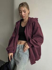 DAZY Áo khoác nữ dáng dài, vai rớt, khóa kéo phía trước, có mũ, kiểu dáng thường ngày, chất liệu trơn, tay dài, có lớp lót giữ nhiệt. - Màu Đỏ Sâu - Xem 3