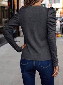 SHEIN Clasi Women's Solid Color Crew Neck Long Sleeve Ruched Minimalist T-Shirt, Casual Daily Wear - Dark Grey - View 2