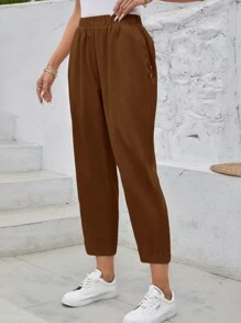 Women's Elastic Waist Pocketed Casual Pants Summer Pants - Brown - View 6