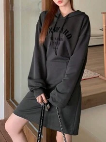 FRIFUL Women's Hooded Drawstring Long Sleeve Casual Loose Comfortable Long Dress