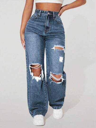 SHEIN PETITE Women's Front Button Pocket Distressed Simple Casual Denim Jeans