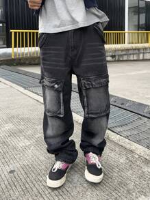 Manfinity EMRG Men's Casual Loose Fit Cargo Pockets Wide Leg Jeans - Black - View 1