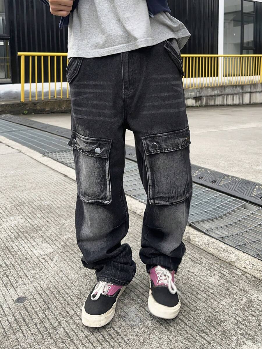 Manfinity EMRG Men's Casual Loose Fit Cargo Pockets Wide Leg Jeans - Black - View 1