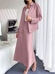 Chiquease 2 件套亚麻宽松休闲衬衫和裙子 - 粉色 - 查看 3