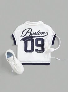 SHEIN Tween Girl Knitted Patchwork Number Print Polo Neck Short Sleeve T-Shirt - Blue and White - View 7