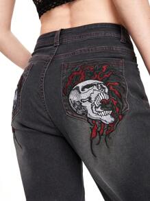 ROMWE Grunge Punk Quần Jeans Ống Thẳng Thêu Lửa Phong Cách Punk Cho Nữ - Xám - Xem 6