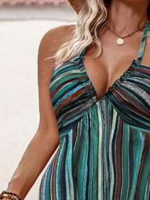 SHEIN Clasi Plus Size All-Over Print Halter Backless High Slit Dress - Green - View 4