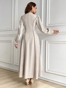 Seusyu 女士圆领长袖休闲时尚优雅阿拉伯风格朴素连衣裙 - 杏色 - 查看 8