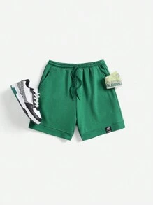 SHEIN 青少年男孩夏季休閒純色拼接圖案短褲，配斜口式口袋 - 橄欖綠 - 查看 8