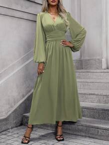 EMERY ROSE Đầm Maxi Thanh Lịch Cổ Chữ V Tay Phồng Rãnh Xếp Ly Eo Thời Trang Xuân Hè Cho Nữ - Màu xanh Ô liu - Xem 3