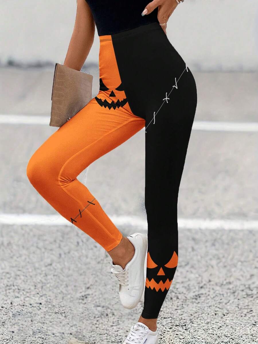 SHEIN LUNE Quần legging in họa tiết Halloween cho nữ, mùa hè - Nhiều màu - Xem 1