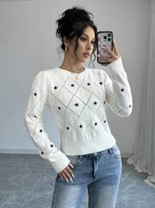 Selianne Women's Casual Star Pattern Sweater, Autumn,Long Sleeve Tops Knit Pullover Fall Winter Outfit - Apricot - View 3