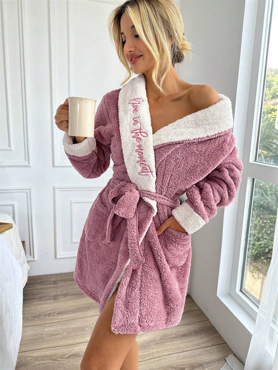 RueChic Letter Embroidery Contrast Trim Belted Robe - Pink - View 1