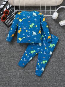 SHEIN Leap Crew 2 piezas Pijama de manga larga suave y acogedor con estampado de dinosaurios luminosos para bebés niños - Verde - Ver 2