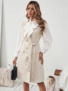 Chiquease Áo khoác trench coat không tay hai hàng khuy trơn màu giản dị dành cho nữ, mùa thu - Màu Khaki - Xem 5