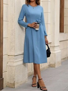 Elegant Solid Color Belted Waist Dress, Autumn Fall Cloth For Women - Light Wash - View 5