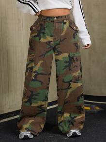 SHEIN ICON Plus Size Women Wide Leg Loose Washed Camouflage Cargo Denim Pants