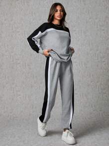 EURMUSE Cotton Colorblock Detail Sweatshirt + Sweatpants Set - Grey - View 4