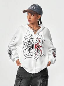 Muchica 女士撞色蜘蛛网印花抽绳连帽运动衫 - 白色 - 查看 5