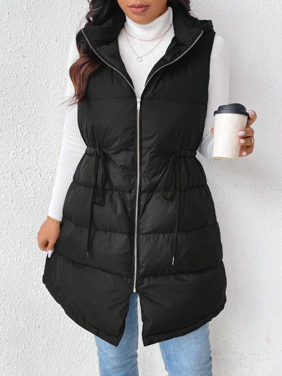 SHEIN Frenchy Plus Size Adjustable Waist Sleeveless Knee-Length Hooded Casual Warm Padded Coat For Women, Autumn/Winter - Black - View 1