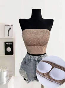 Chiquease Women's Casual One-Piece Shirred Fitted Top With Removable Honeycomb Breathable Padding - Coffee Brown - View 1