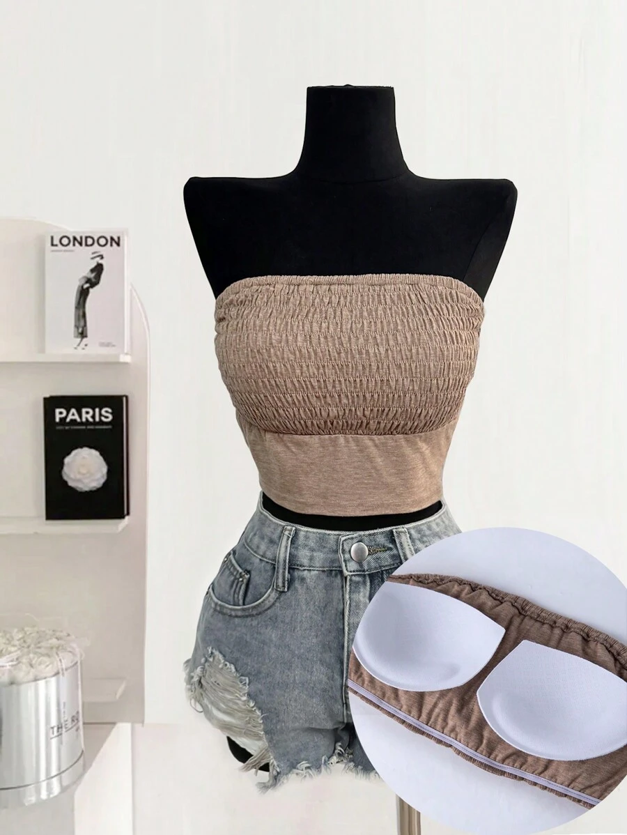 Chiquease Women's Casual One-Piece Shirred Fitted Top With Removable Honeycomb Breathable Padding - Coffee Brown - View 1