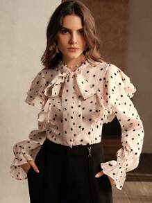 Anewsta Light Pink Polka Dot Ruffle Trim Long Sleeve Blouse With Bow Tie Collar, Autumn/Winter - Pink - View 6