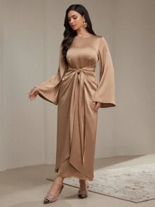 Veilorie 女士优雅纯色喇叭袖系带长裙，秋季朴素 - 卡其色 - 查看 1