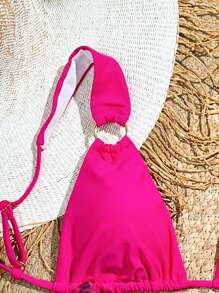 Summer 1 Piece Solid Color Thick Strap Top And Random Print Bikini Bottoms Bikini Set - Pink - View 5