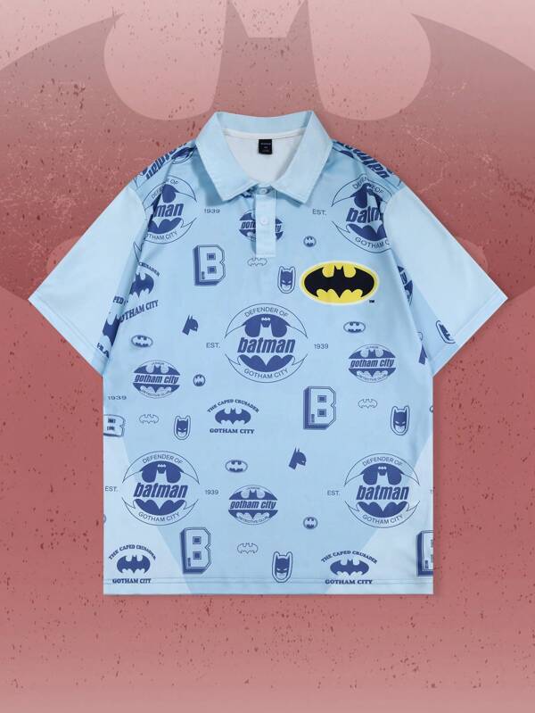 ROMWE MEN Batman X ROMWE メンズ夏用カジュアルポロシャツ コウモリ柄