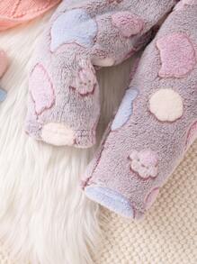 2 pièces Ensemble confortable de vêtements d'intérieur à manches longues pour bébé fille, avec motifs mignons de tête de chat et trace de patte de couleur lavande minimaliste - Parme - Voir 4