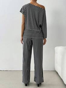 Chiquease 2 cái/bộ Quần sọc bất đối xứng và quần lưng cao co giãn có túi thẳng - Nhiều màu - Xem 2