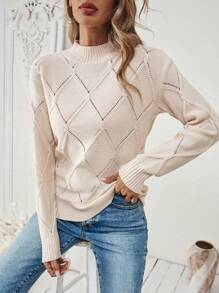 EMERY ROSE Jersey de cuello redondo beige de corte ceñido con manga larga y abertura para mujer, perfecto para otoño e invierno - Albaricoque - Ver 7