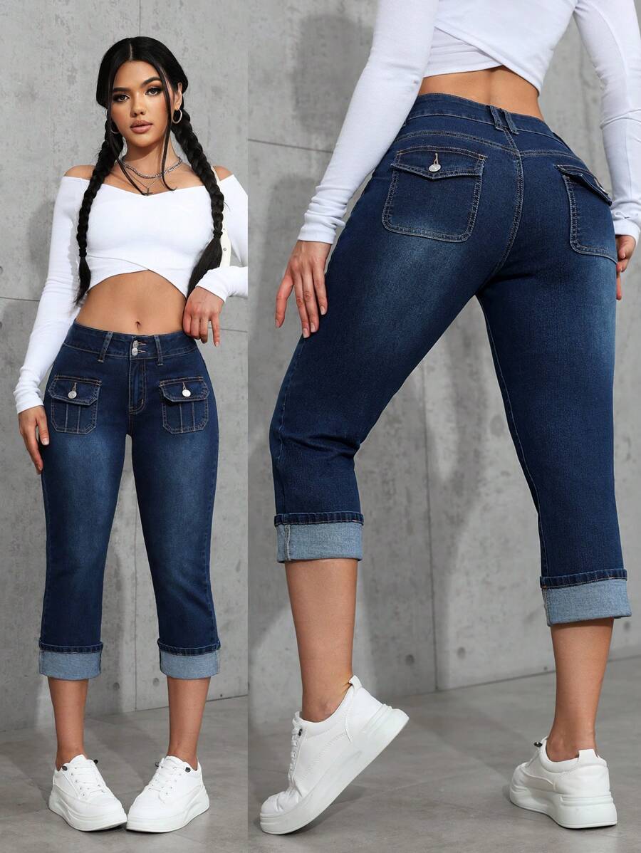SHEIN EZwear Quần Capri denim Cargo thường ngày cho nữ có gấu quần bo gấu - Rửa tối - Xem 1