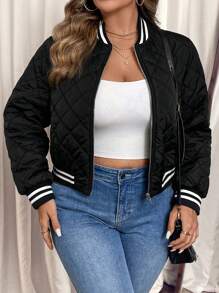 SHEIN VCAY Manteau matelassé casual à col montant, manches longues, rayé, grande taille, pour femme, en hiver