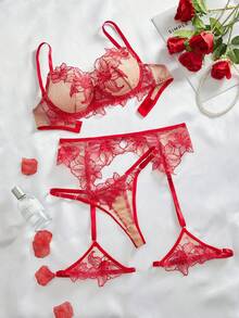 Bộ đồ lót Garter thêu 3 món có gọng - Đỏ - Xem 5