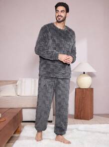 Men's Solid Color Plush Long Sleeve Pajama Set, Fall Clothes - Dark Grey - View 9