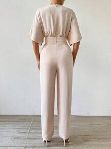 SHEIN Privé Deep V-Neck Ruched Waist Batwing Sleeve Elegant Office Jumpsuit