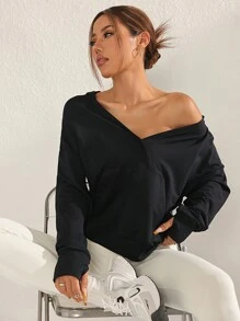 SHEIN Sports Black Loose Fit Comfortable Deep V Neck Sweatshirt - Black - View 5