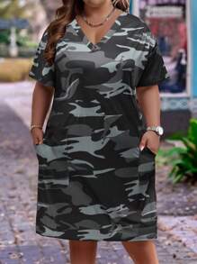 SHEIN LUNE 大码休闲迷彩印花连衣裙，夏季 - 灰色 - 查看 1