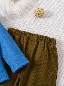 SHEIN 2pcs Young Girls Blue & Green Top And Mustard Brown Corduroy Pants Set, Spring & Fall Casual & Comfortable Outfit