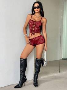 EgrlEra Women's Lace Front Tie Hollow Out Cami And Shorts See-Through Lingerie Set, Summer Y2K Outfit  - Burgundy - View 3