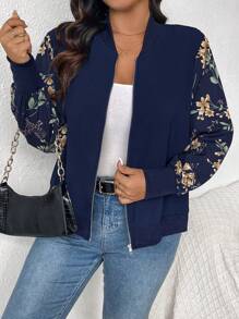 SHEIN Frenchy Chaqueta de béisbol con bloques de color e impresión floral para mujeres de talla grande, para primavera y otoño